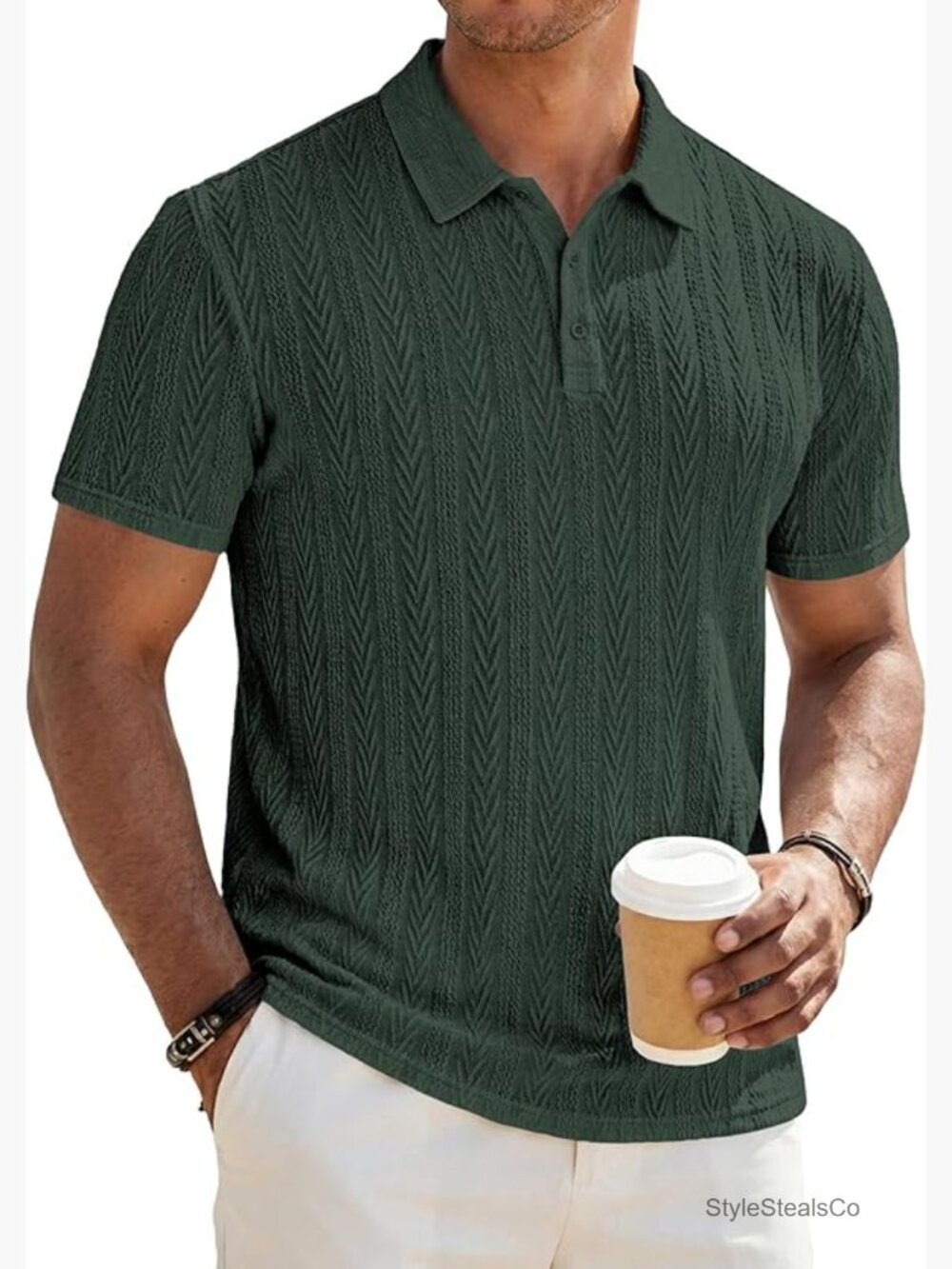 Men's Textured Knit Polo Shirt Short Sleeve Stretchy Golf Casual Button Up